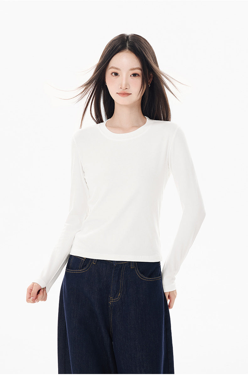 Long Sleeve Cotton Tee – Slim-Fit Stretch Shirt, Solid Color Basic Layer