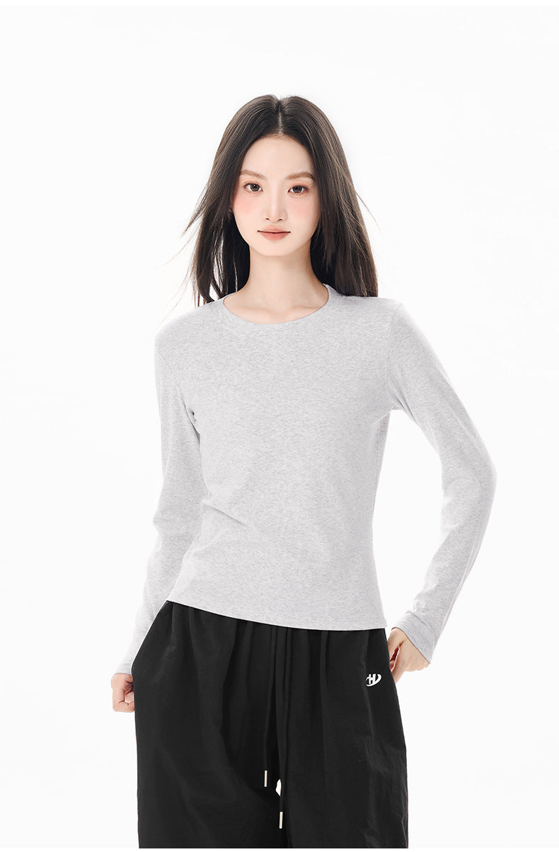 Long Sleeve Cotton Tee – Slim-Fit Stretch Shirt, Solid Color Basic Layer