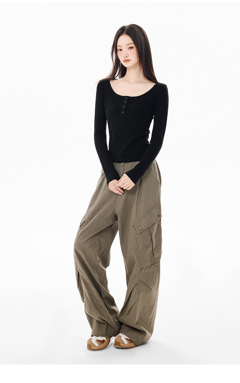 Scoop Neck Henley Thickened Long Sleeve Tee