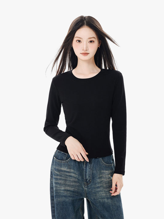 Long Sleeve Cotton Tee – Slim-Fit Stretch Shirt, Solid Color Basic Layer