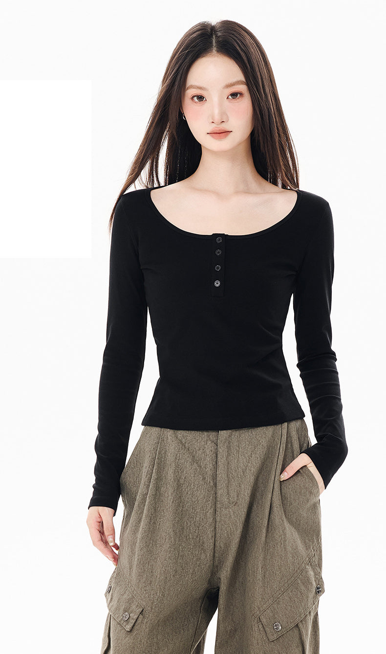 Scoop Neck Henley Thickened Long Sleeve Tee