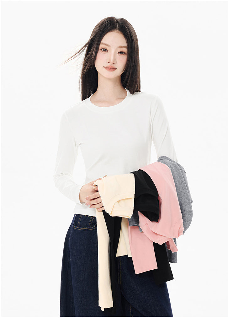 Long Sleeve Cotton Tee – Slim-Fit Stretch Shirt, Solid Color Basic Layer