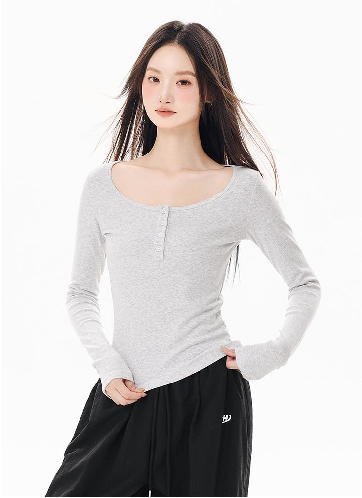 Scoop Neck Henley Thickened Long Sleeve Tee