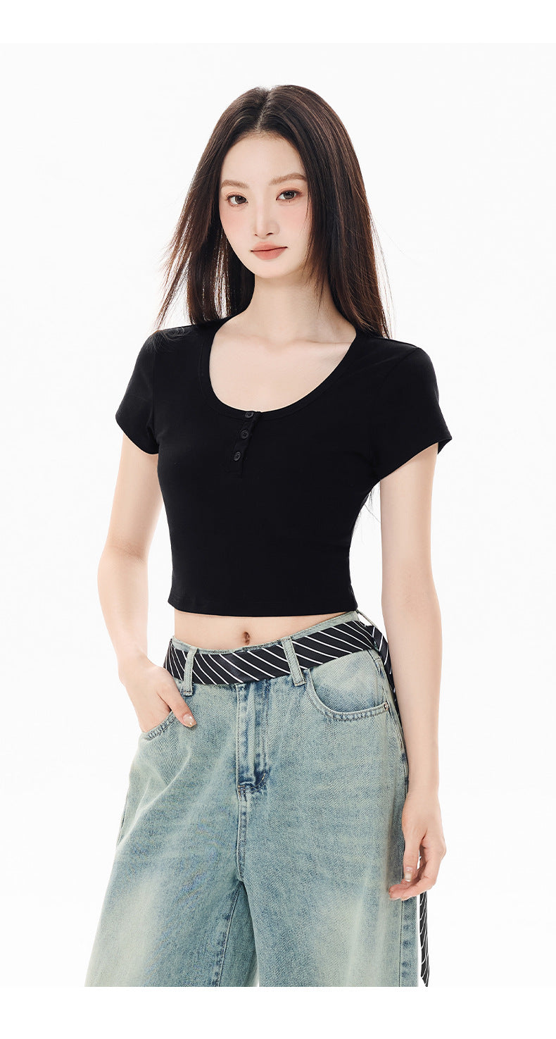 Short Sleeve Ribbed Henley Crop Top – Soft Stretch Cotton and Lycra