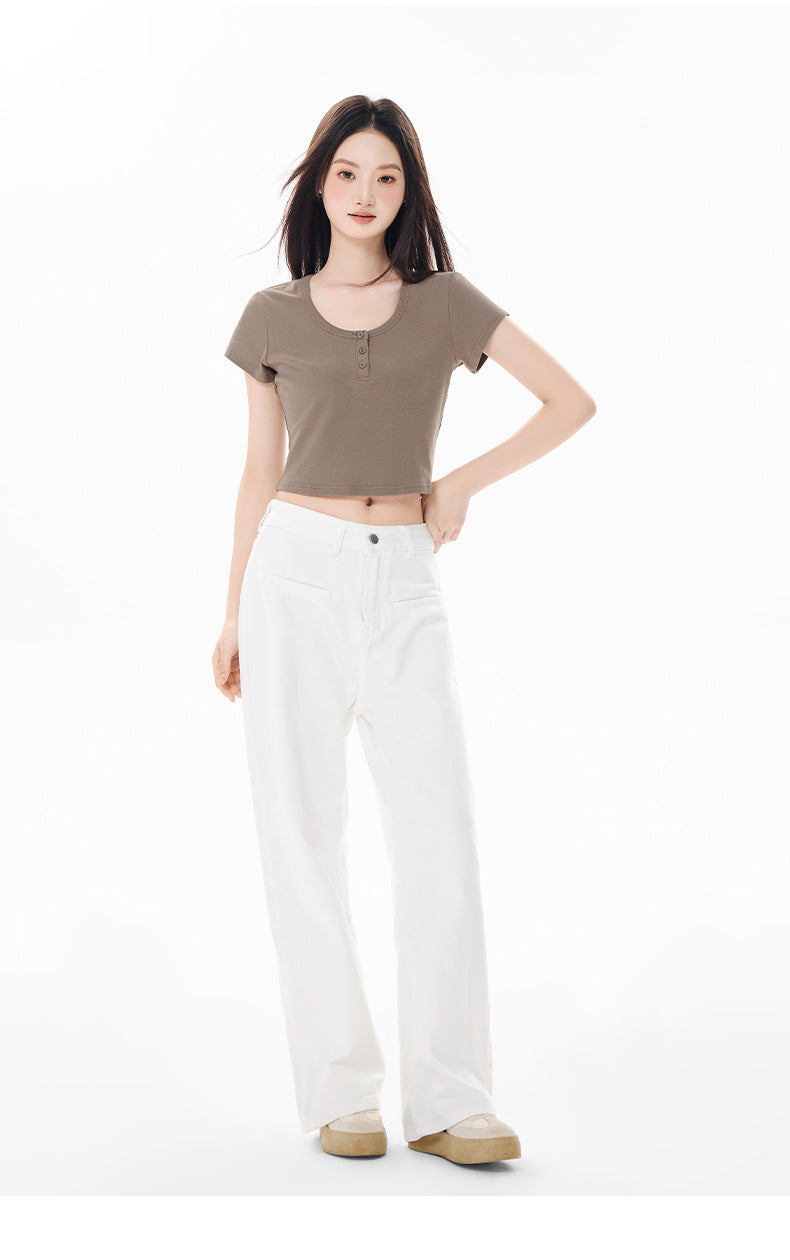 Short Sleeve Ribbed Henley Crop Top – Soft Stretch Cotton and Lycra