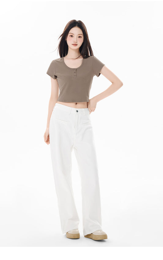Short Sleeve Ribbed Henley Crop Top – Soft Stretch Cotton and Lycra