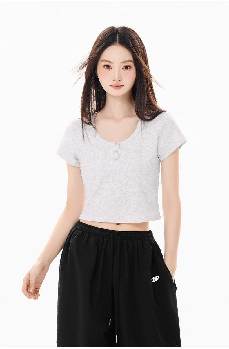 Short Sleeve Ribbed Henley Crop Top – Soft Stretch Cotton and Lycra