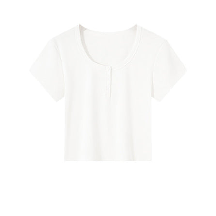 Short Sleeve Ribbed Henley Crop Top – Soft Stretch Cotton and Lycra