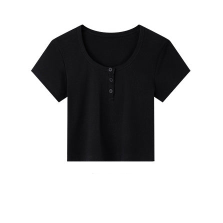 Short Sleeve Ribbed Henley Crop Top – Soft Stretch Cotton and Lycra