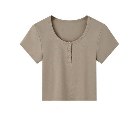 Short Sleeve Ribbed Henley Crop Top – Soft Stretch Cotton and Lycra