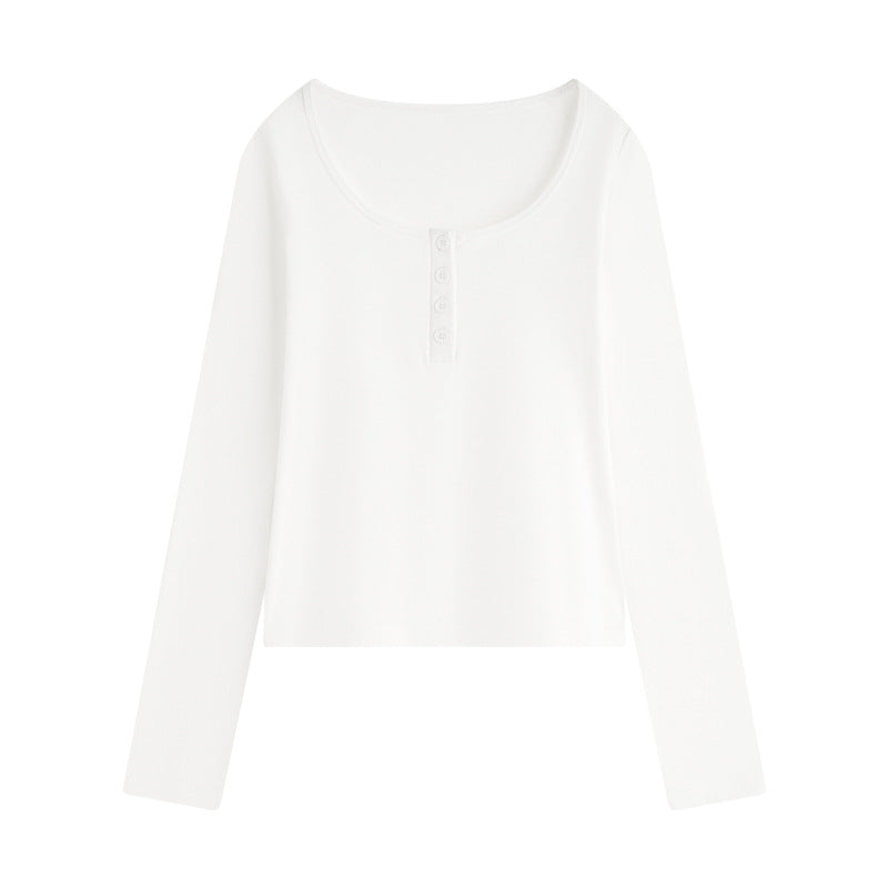 Scoop Neck Henley Thickened Long Sleeve Tee