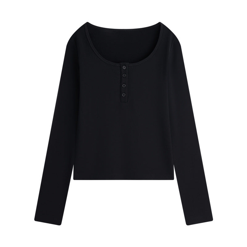Scoop Neck Henley Thickened Long Sleeve Tee
