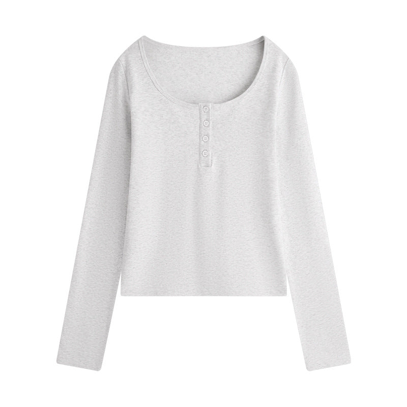 Scoop Neck Henley Thickened Long Sleeve Tee